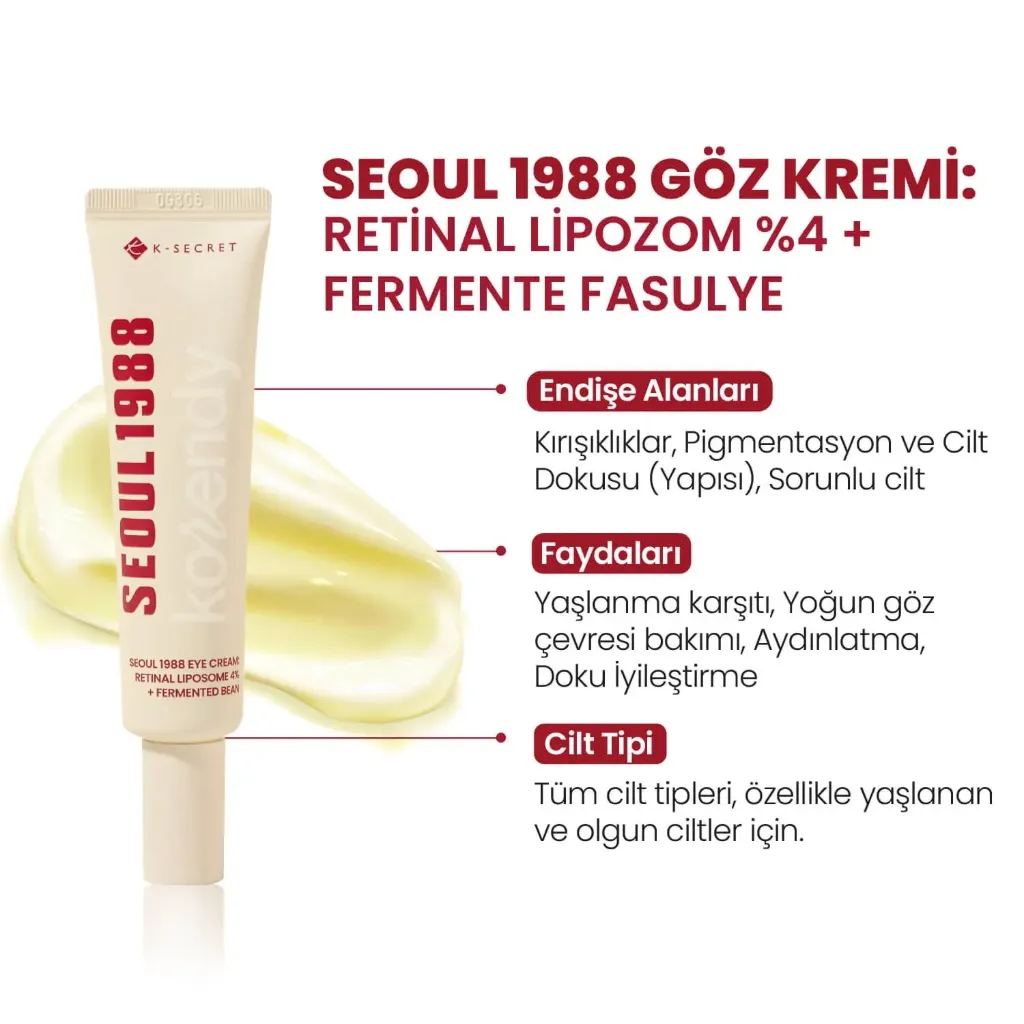 K-Secret - SEOUL 1988 Eye Cream Retinal Liposome 4% + Fermented Bean (İnce Çizgi Önleyici ve Elastikiyet Koruyucu 3 Peptitli ve Retinalli Göz Kremi) 30ml